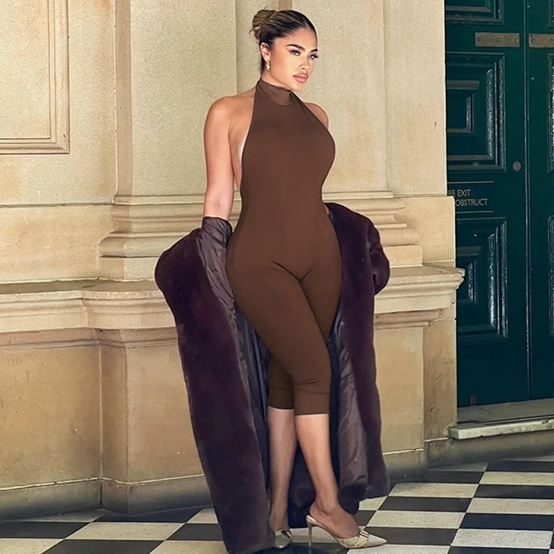 Damski kombinezon bez rękawów z odkrytymi plecami, prążkowany, zapinany na jeden guzik, seksowny, na co dzień, na imprezę, do klubu, na ulicę.