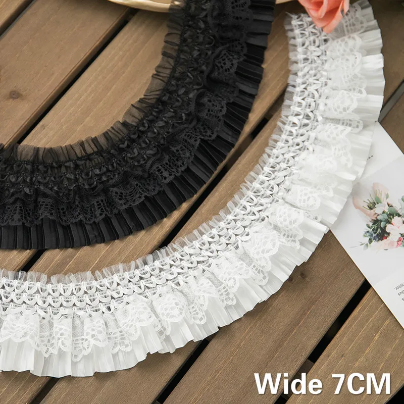 7CM Wide White Black Elastic Ruffled Lace Organ Pleated Chiffon Fabric Embroidery Fringe Ribbon Dress Collar DIY Sewing Supplies