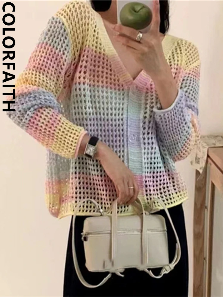 

Colorfaith SWC6838JX New 2024 Chic Wild Vintage Cutout Korean Fashion Knitting Cardigans Women Autumn Winter Sweaters Short Tops