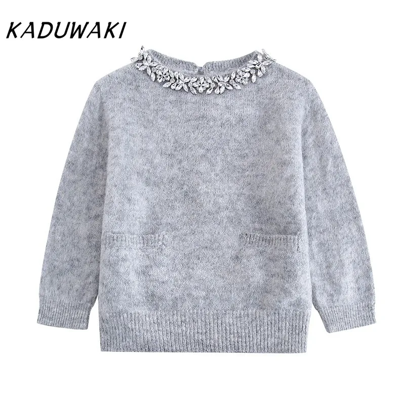 KADUWAKI Casual Loose Sweater Long Sleeve Sweater Pullover High Class Grey Winter Knitwear Pocket O-Neck Artificial Diamond Tops