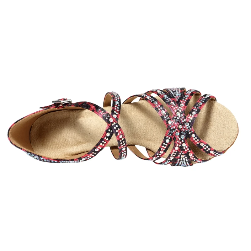 新しいファッショナブルで多用途なヒョウ柄の赤と黒の 7.5 センチメートルミッドヒールダンスシューズ、プロのソフトソールの女性の大人のサ