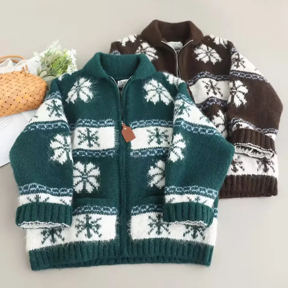 

Retro Heavyweight Snowflake Print Sweater Jacket Women's Loose Thick Knitted Top Fall Winter New Style Casual Comfortable