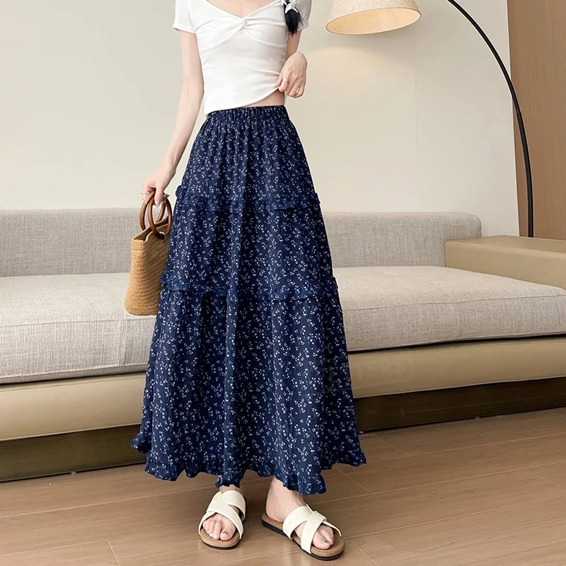 TFETTERS Korean Ladies Floral Print Long Skirt Spring Summer Elastic High Waist Layered Ruffle Maxi Skirt Daily Beach Skirt