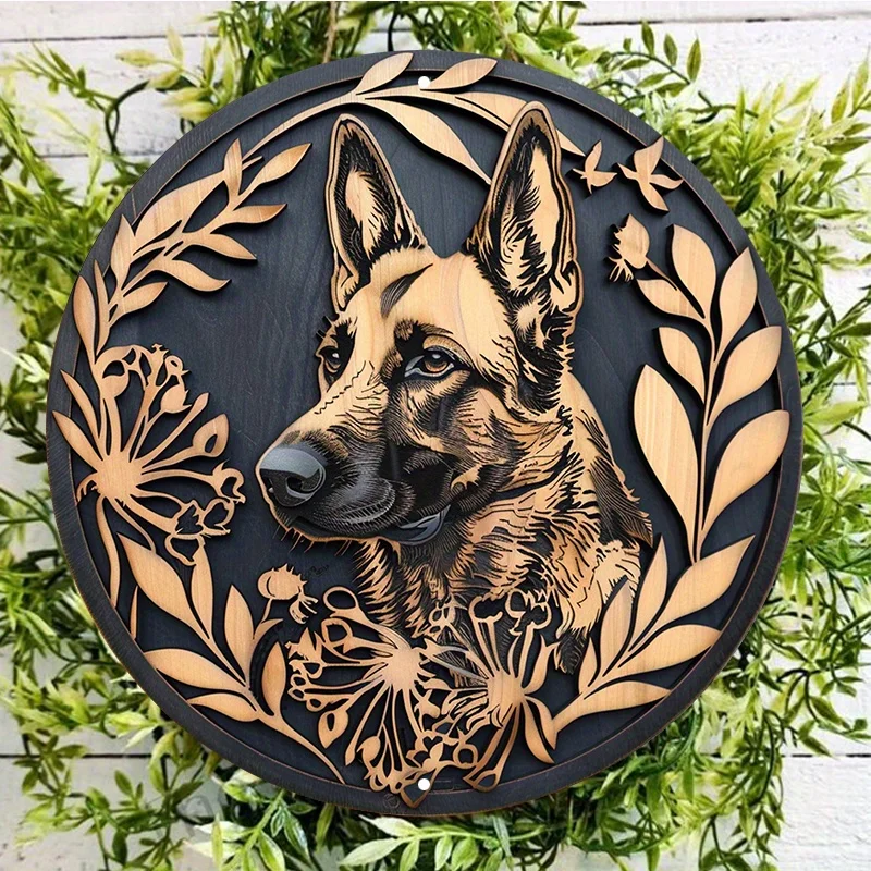 

German Shepherd Aluminum Metal Wall Sign, Round Decorative Wreath with Dog Image, Door Hanger, Home Art Decor