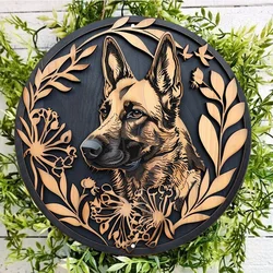 German Shepherd Aluminum Metal Wall Sign, Round Decorative Wreath with Dog Image, Door Hanger, Home Art Decor
