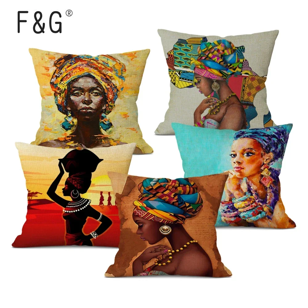 African Character Oil Painting Cushion Cover African Nation Women Decorative Pillowcase Throw Pillow Cover for Home Decor