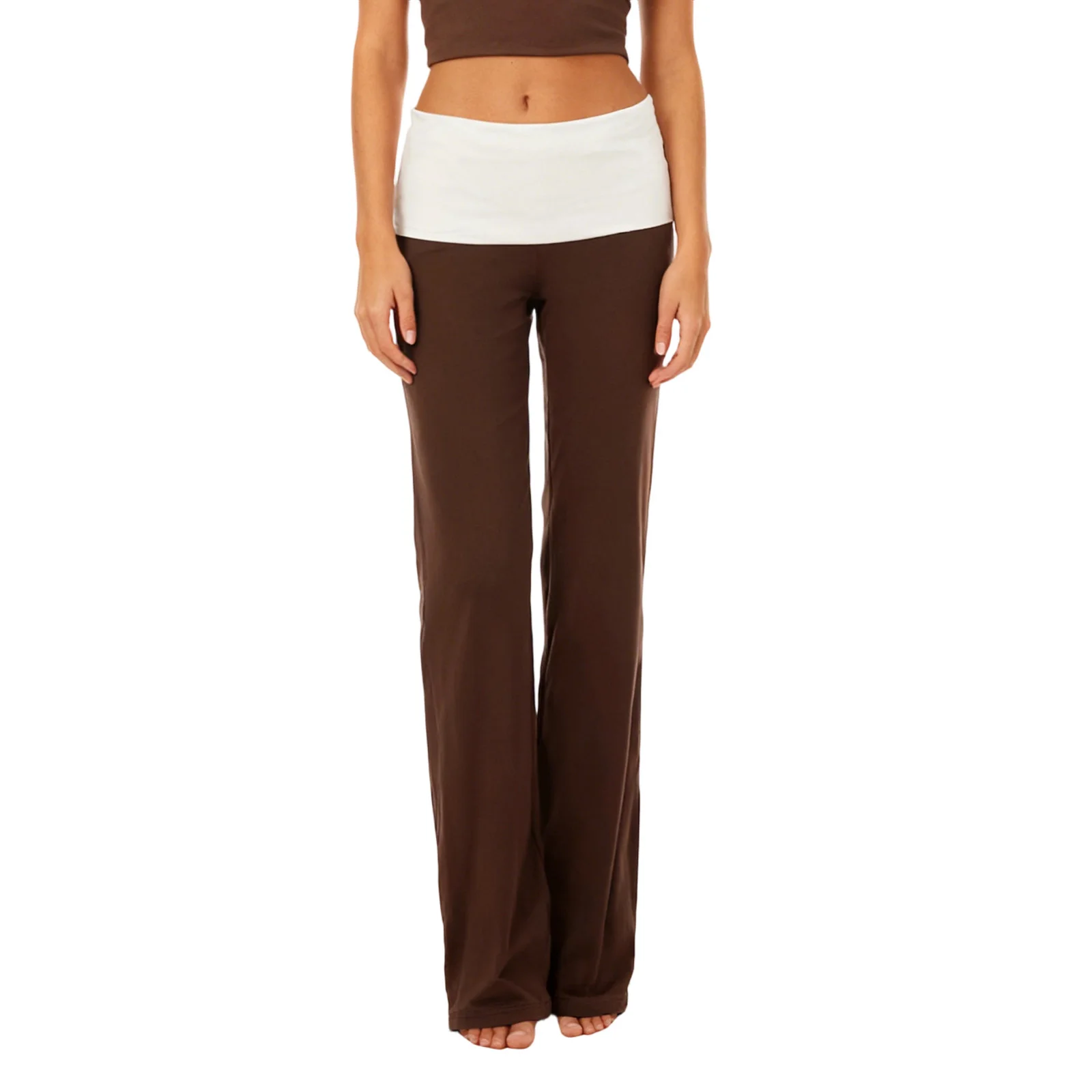 Women's Fold Over Casual Pants Fashionable Loose Fit Elastic Waist Straight Leg Pants