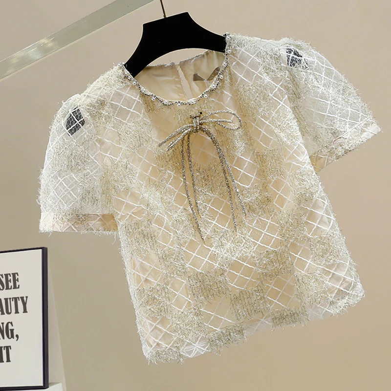 

iny Tead ort Sve Decorative Knot Heavy Embroidery Women's Faionable Versatile Slim Fit ort Top