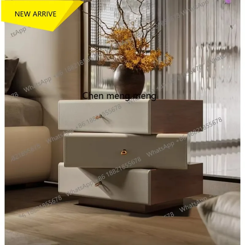 

M138 Designer Bedside Table Walnut Leather Italian Minimalist Storage Villa High-end Saddle Leather Rotating Bedside Table