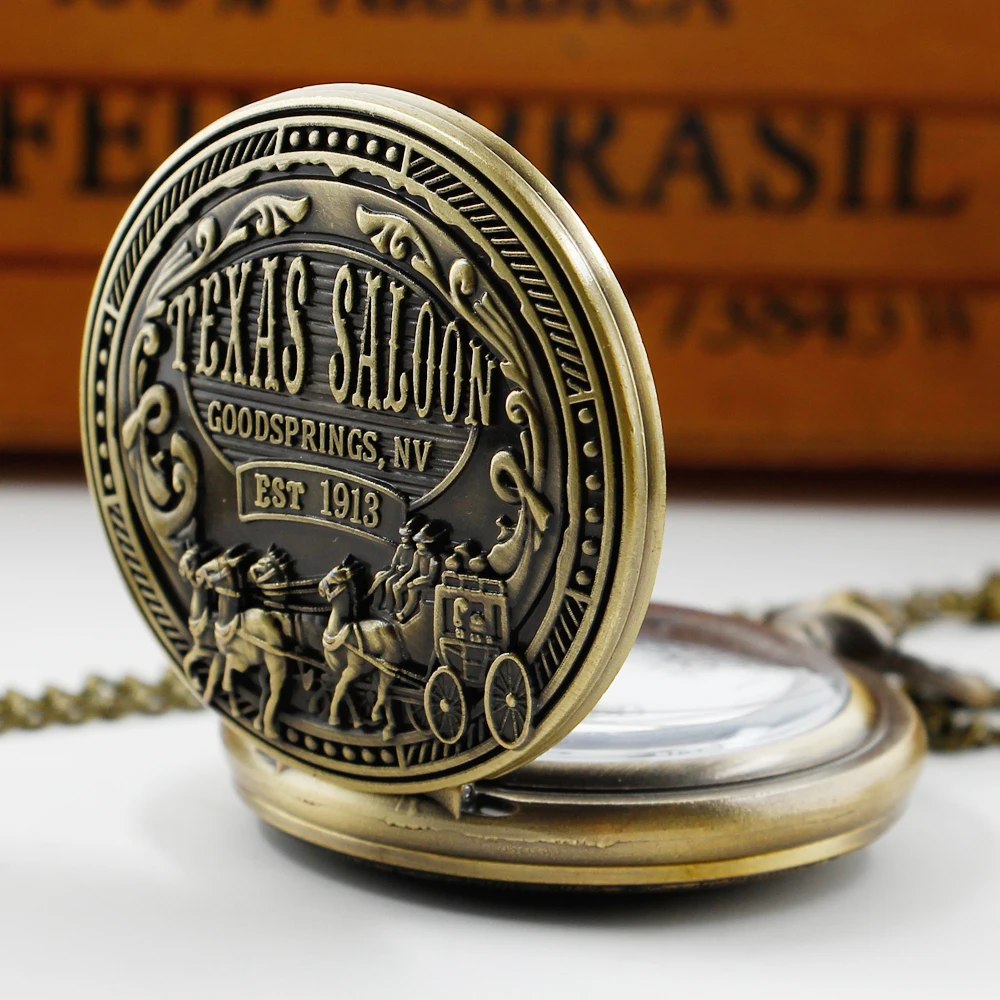 Vintage 1913 Western Denim Classic Quartz Pocket Watch Bronze Pendant Necklace Universal Fob Watch Gifts for Boys Men