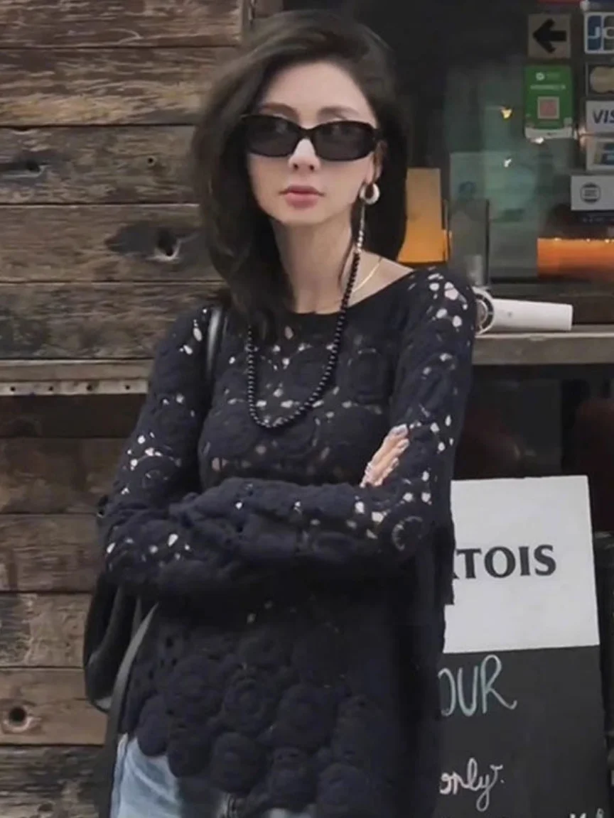 

Korean Style Black Unique Beautiful Long Sleeve Knitted Hollow out Cover up Top Women's Fashion 2026 New High End Slimming Top