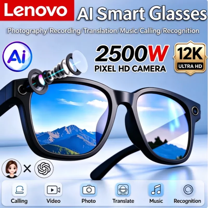Lenovo 12K Smart AI Glasses 2500MP Translation Bluetooth Conversation Recording Listening To Music Insert Card Smart Sunglasses
