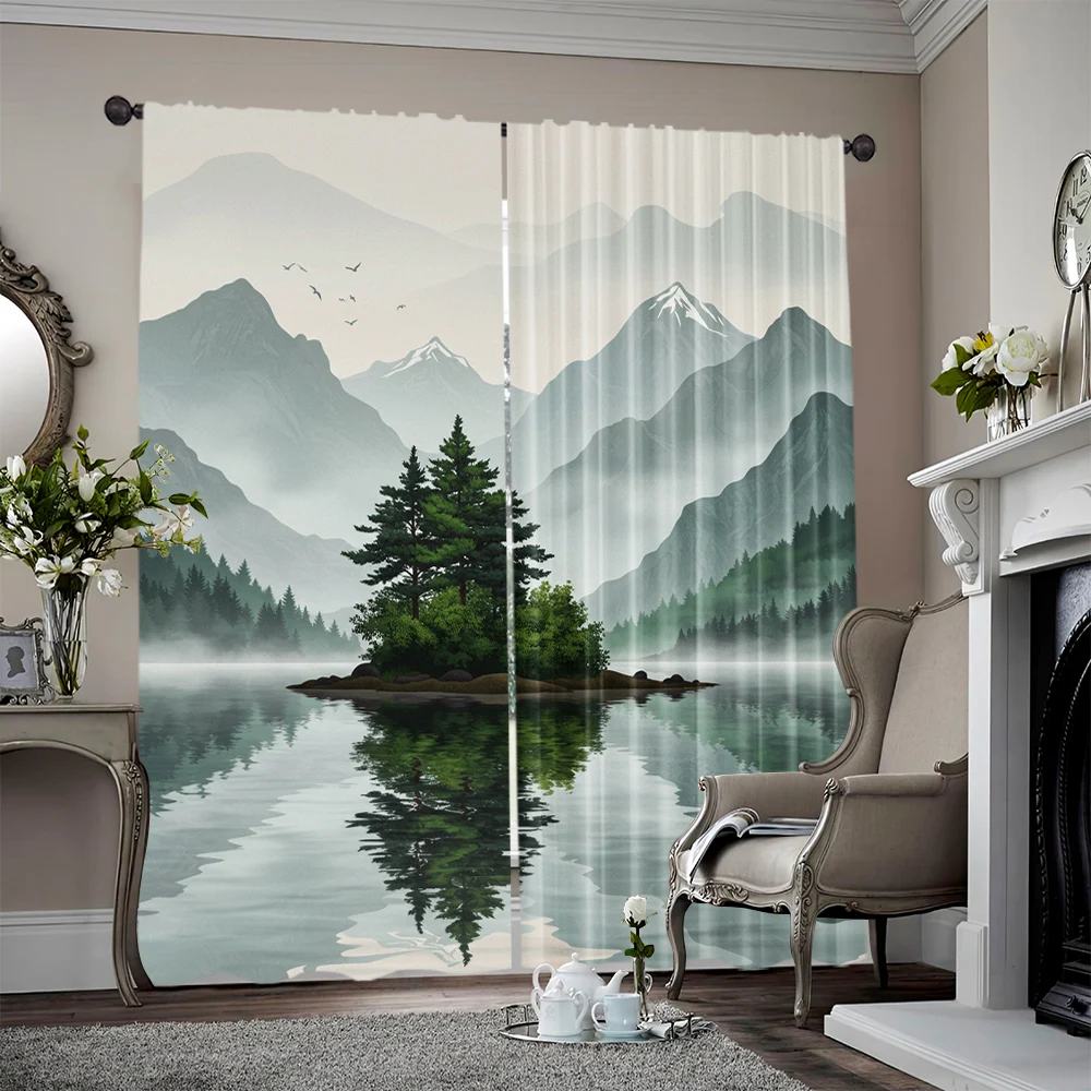 2pcs, spring summer Curtains Fog Forest Art Digital Print Drapes Durable 100% Polyester Fabric All Seasons Ldeal for Bedroom,