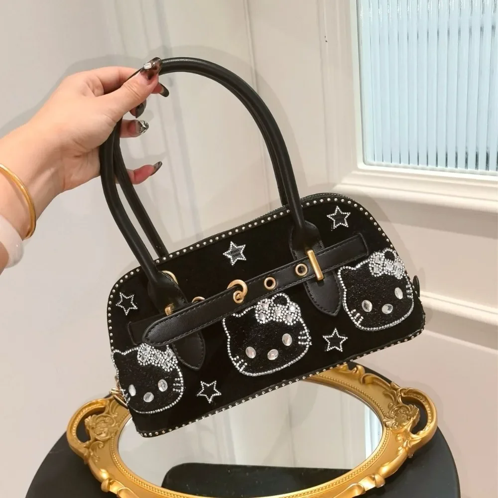 Y2k Hello Kitty Handbag with Diamond Encrusted Shell Decoration Harajuku Retro Diagonal Cross Bag Girl Anime Zipper Shoulder Bag