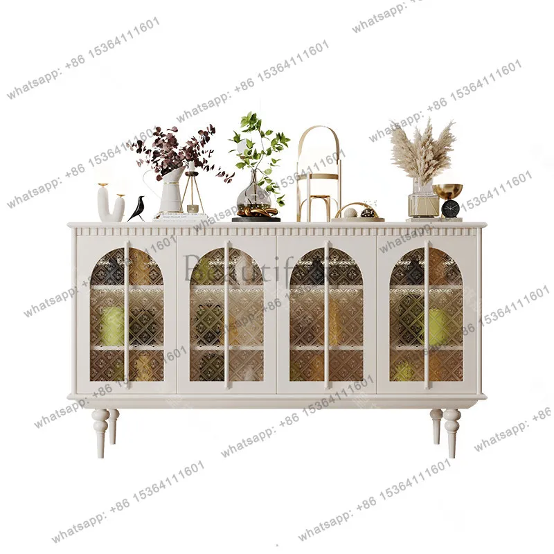 

French cream style dining side cabinet solid wood with sensor light glass door meal preparation locker