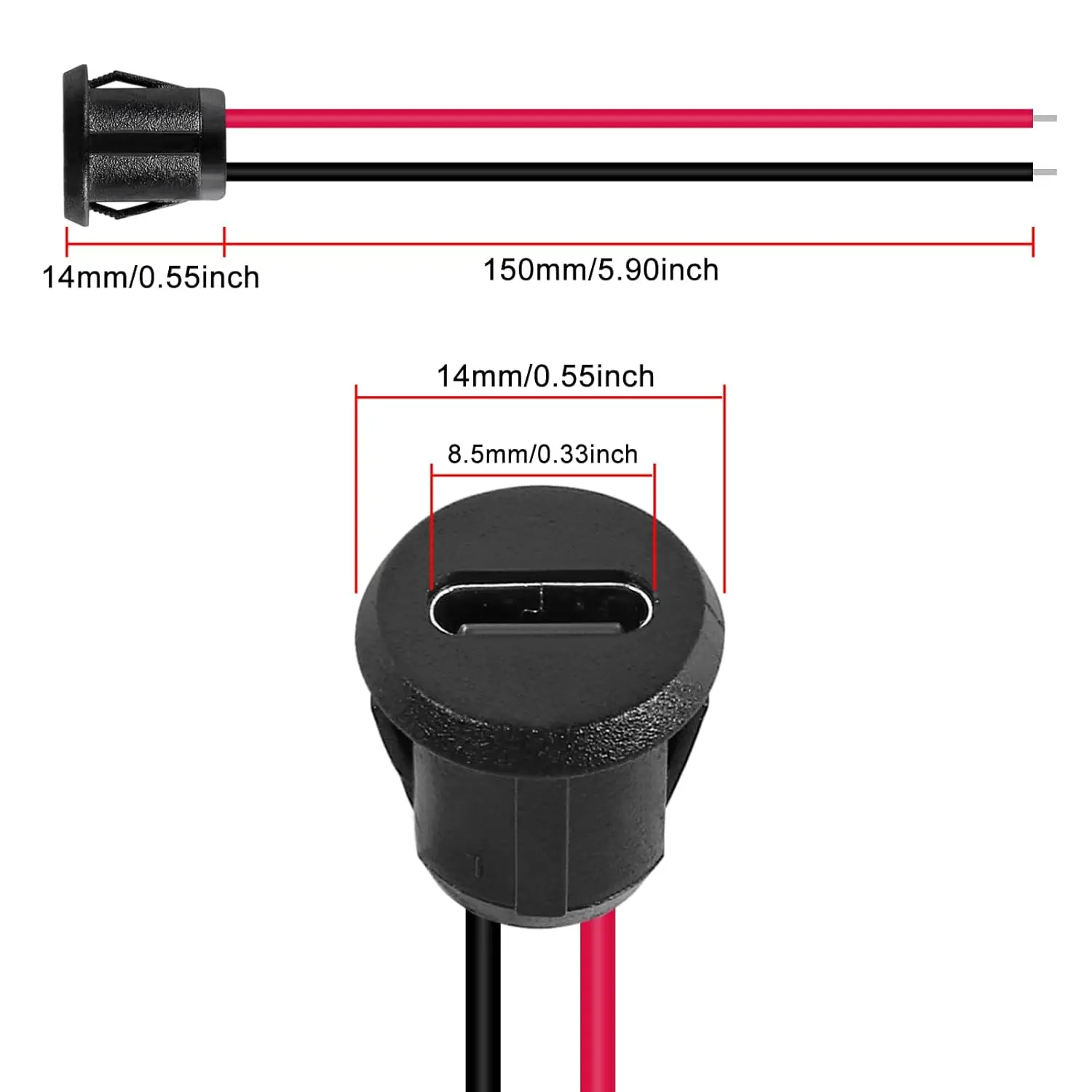8pcs 10cm 24AWG USB 2pin Black Type-C Female Chassis C Connector Jack Female Charging Port Waterproof with Card Buckle 3A High
