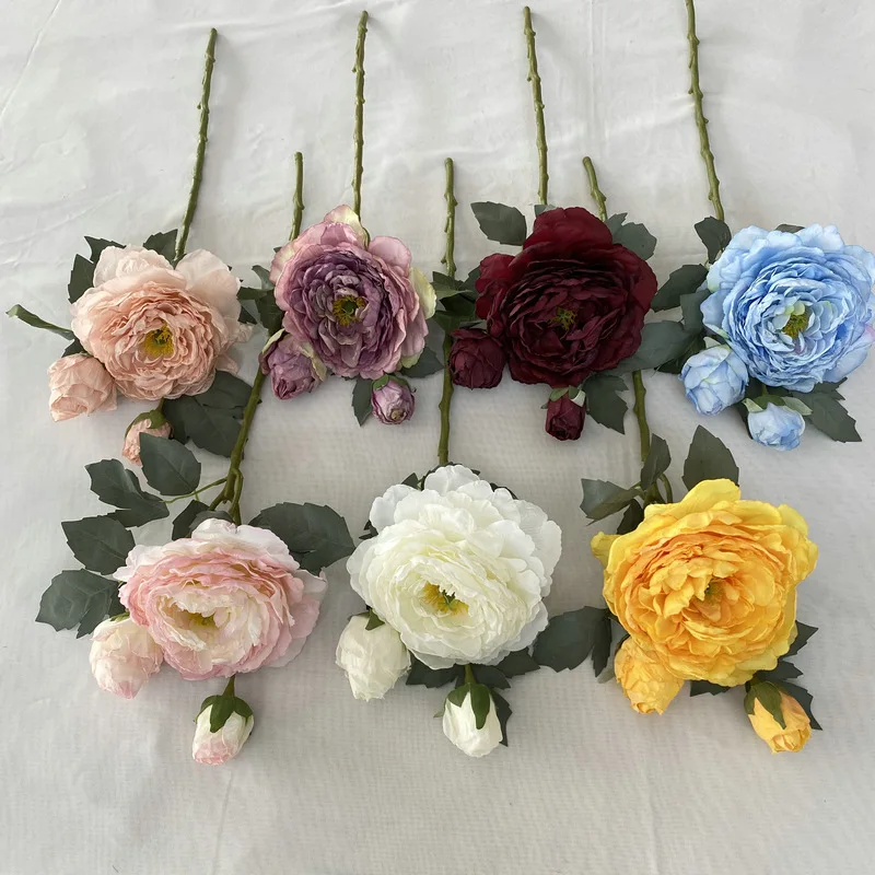 Simulation Blue Flower Artificial Peony Branch Wedding Bride Floral Focal Edge Silk Peonys Fake Flowers Home Garden Decoration