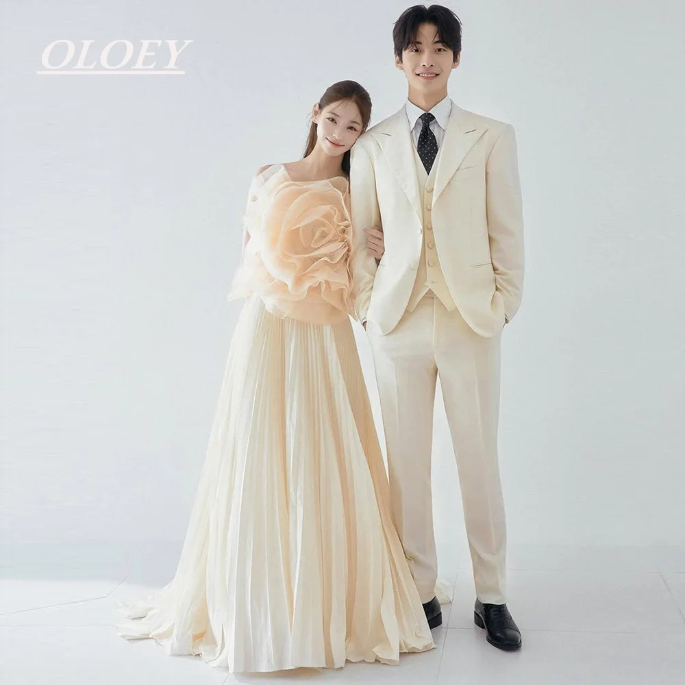 OLOEY Unique Contrast Color A-line Wedding Dresses Strapless 3D Flower Floor Length Bridal Gown Customized Korea Photoshoot