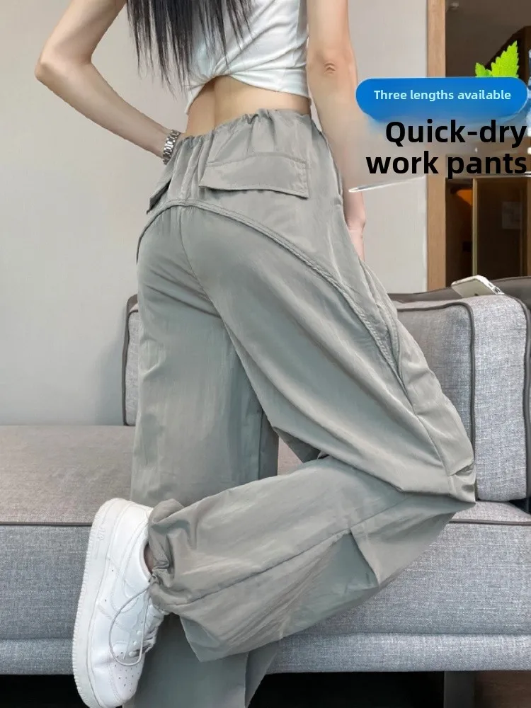 High Waist Straight Leg Workwear Pants Women's Ice Silk Quick Dry Thin Wide Leg Casual Sports Trousers plus Size Long