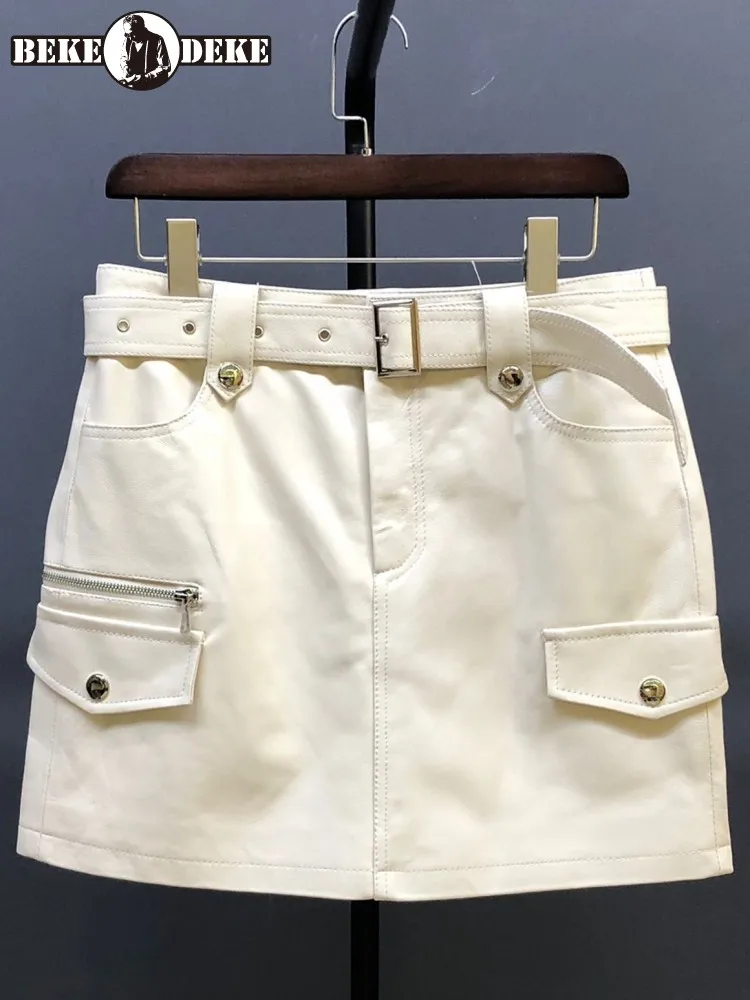 

Concise Style Ladies Genuine Leather A-Line Skirt Regular Fit Sashes Pockets Buckle Solid Color Sheepskin Short Skirts 4XL