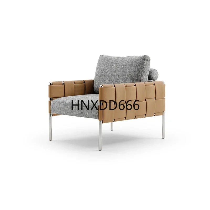 single sofa chair leather woven straight row sofa Living room sofa design stainless steel armrest