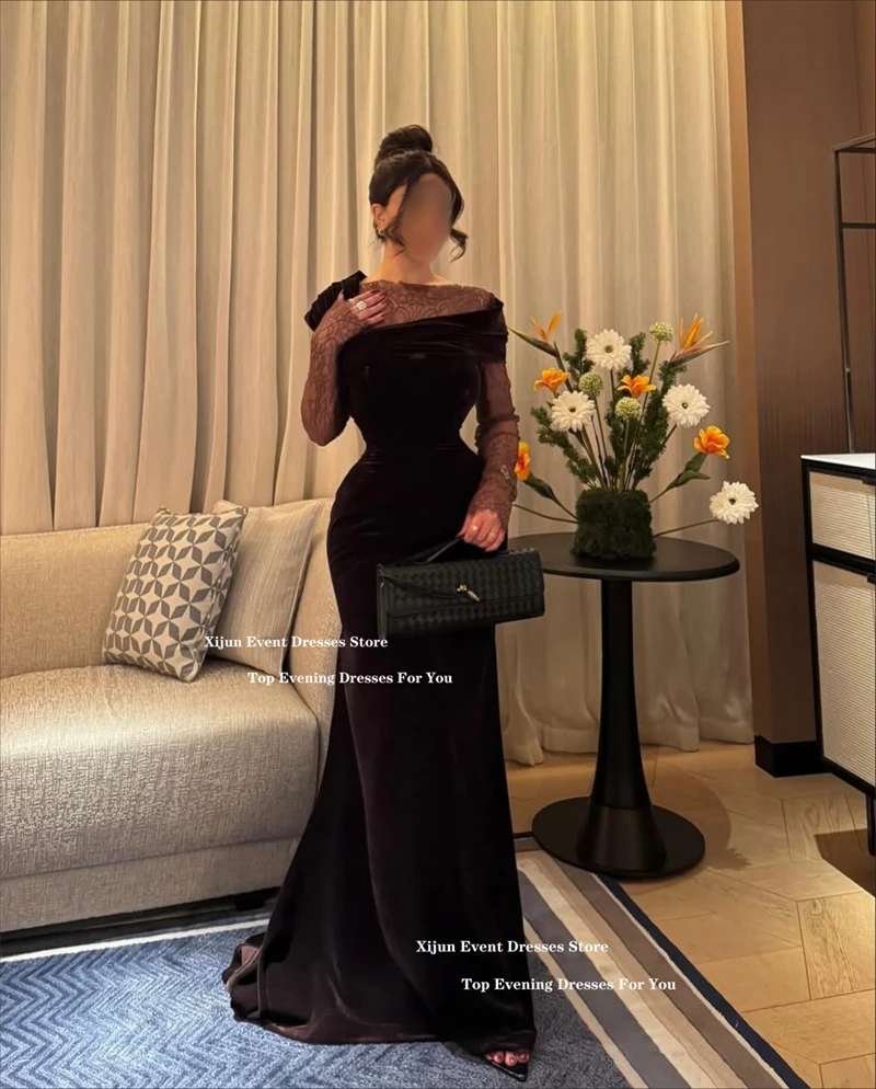 Xijun Luxury Velvet Mermaid Evening Dresses Lace Full Sleeves Dubai Prom Dresses Pleated Formal Occasion Women Prom Gowns Custo
