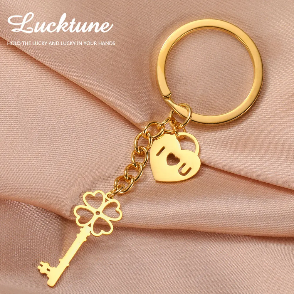 Lucktune Heart Shaped Four Leaf Clover Keychain Women\'s Bag Key Chain Gold Color Keyring Pendant Accessories Anniversary Gift