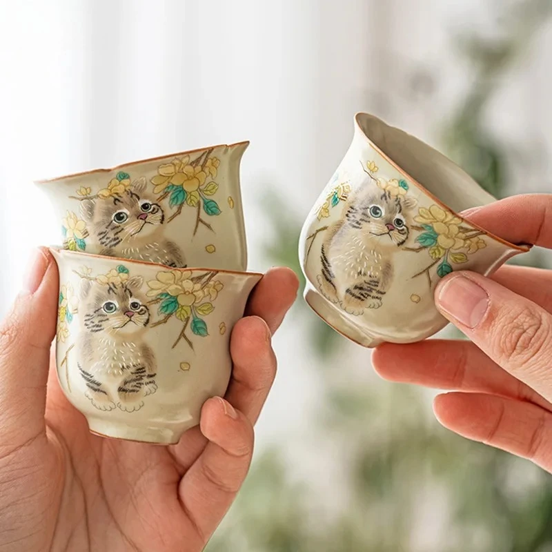 Ru Kiln Yellow Ceramic Teacup Hand Painted Cat Pattern Single Cup Tea Tasting Cup Tea Table Kung Fu Teas Set Drinking Tea Cups