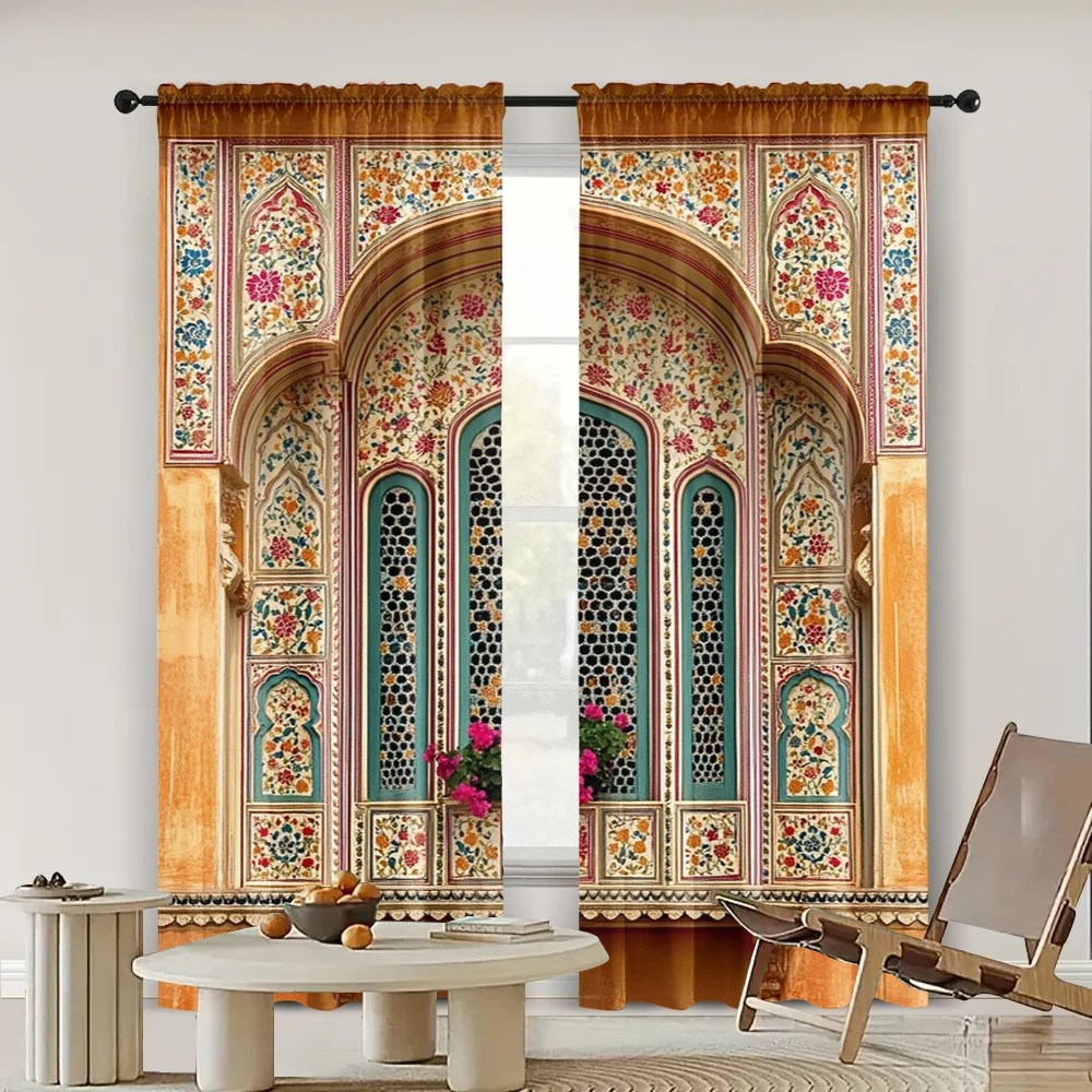 2pc,  Window Drapes Jaipur Palace Versatile Polyester Fabric,Without Electricity Versatile Use for Holiday Family Party