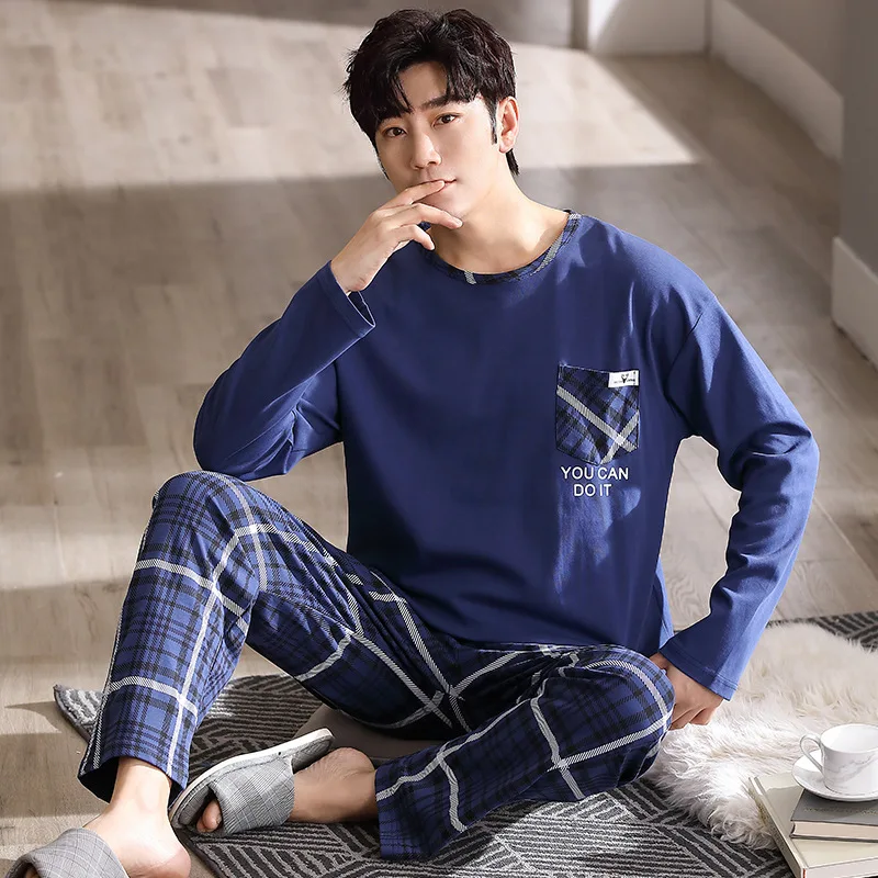 Autumn Cotton Men Pajamas Sets Classic Plaid Printed Pant  Sleepwear Youth Boy Homewear Korean Fashion Pijamas Hombre Pyjama