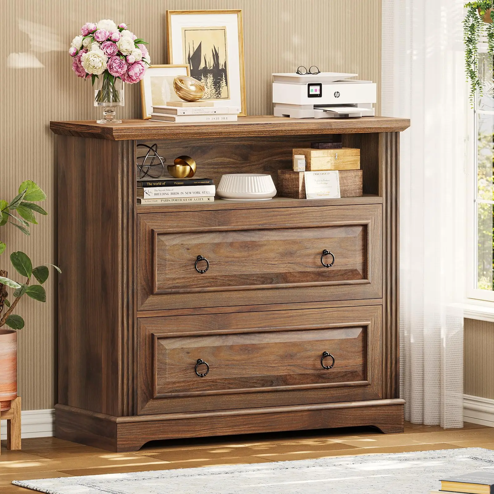 2 Drawer File Cabinet, Farmhouse Filing Cabinet for Home Office Fits Letter, Legal, A4 Size, Wood Lateral File Cabinet