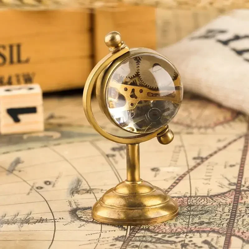 Luxury Yellow Golden Spinning Globe Desk Mechanical Watch Hand Winding Movement Home Office Luxury Decoration Collectable Clock