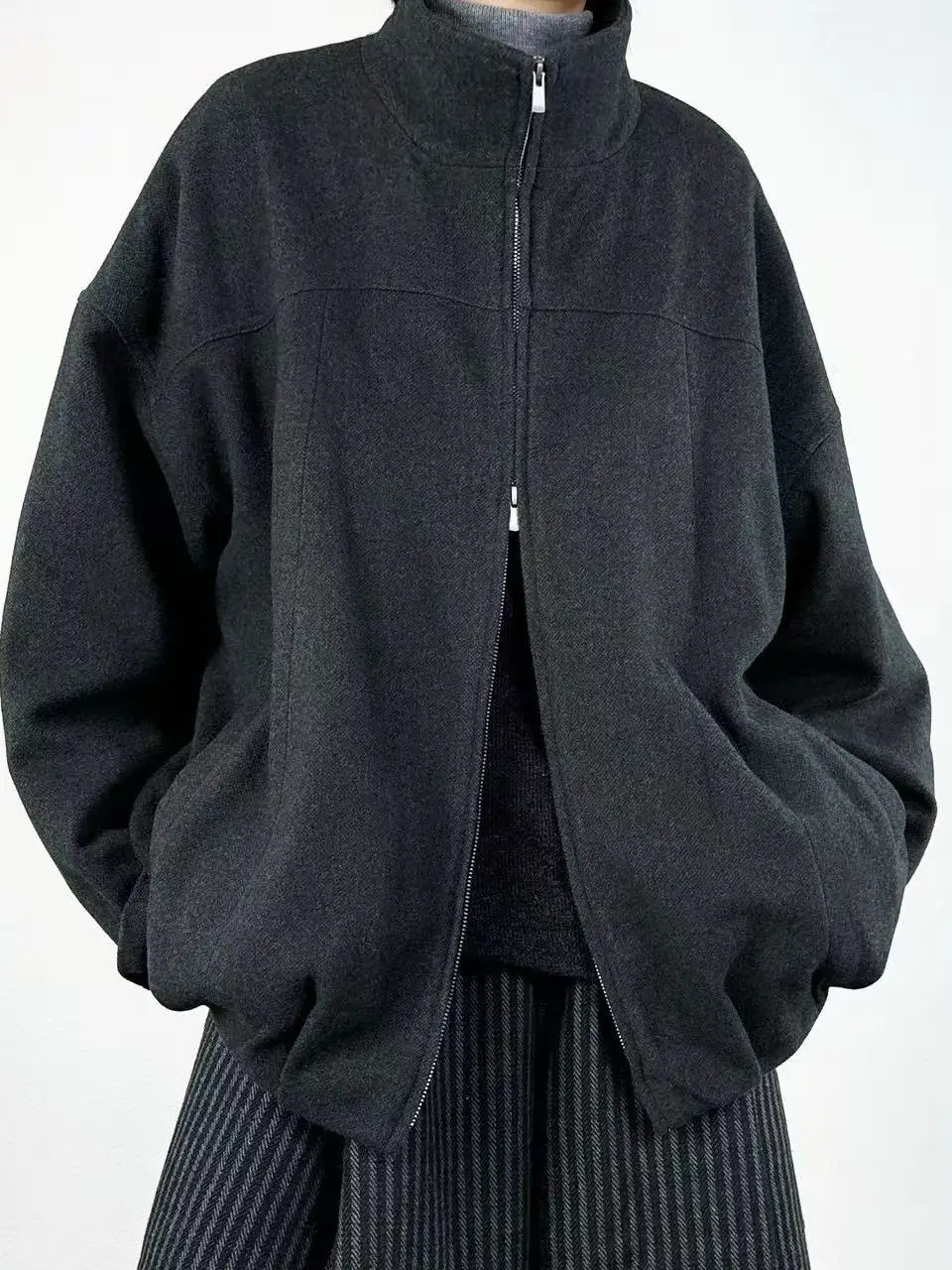 

Uxi Thiened Heavy Du Double Zipper Flower Bud ort Jaet Women's Autumn Winter Loose Fit Sli Commute Sle Outerwear