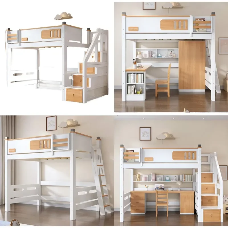 Solid Wood Loft Bed with Desk Space Saving Bunk for Kids Small Apartment Staggered Design Full Size Frame