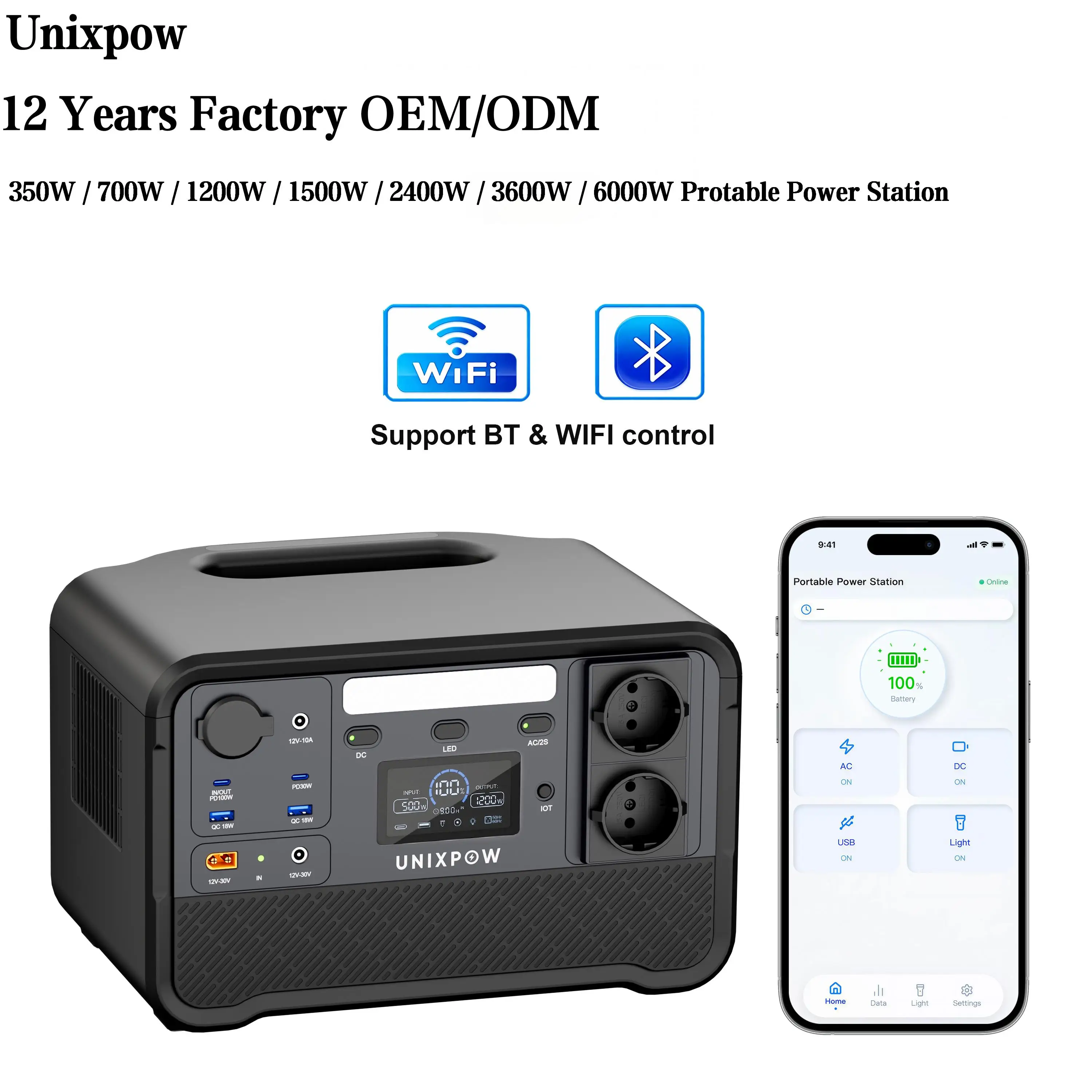 Custom 1200W Smart App Portable Power Station Pure Sine 1kWh Bi-Directional Fast Charge Solar Generator Wholesale for Camping