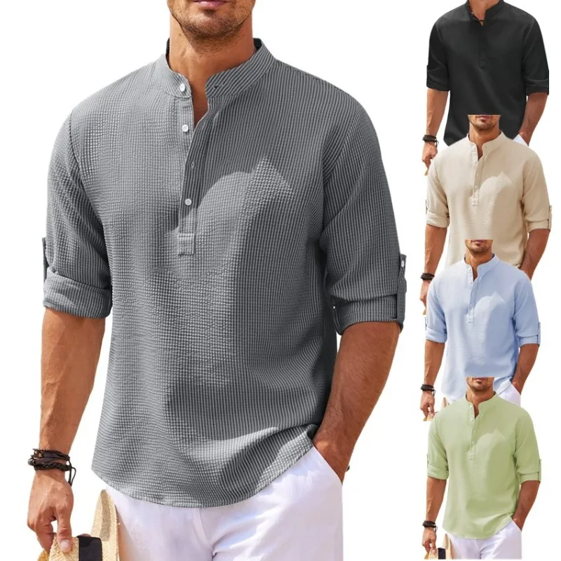 Spring Linen Shirt Men's Mature Casual Solid Plaid Pattern Stand-Up Beach Style 4 Buttons Loose Soft Long-Sleeved Shirts
