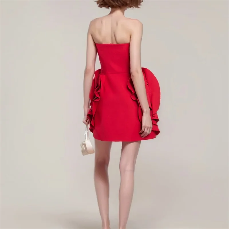 3D Flowers Strapless Bandage Women Party Gown Backless Sleeveless Prom Dress Red Middle Waist Evening Dress New Arrival In Stock