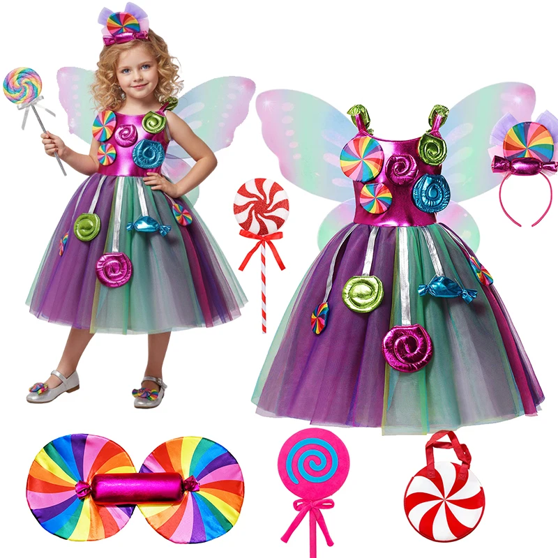 

Girls Cosplay Purim Festival Candy Tutu Dress Children Birthday Sweet Frock Kid Lollipop Wings Dress Carnival Apparel Vestido