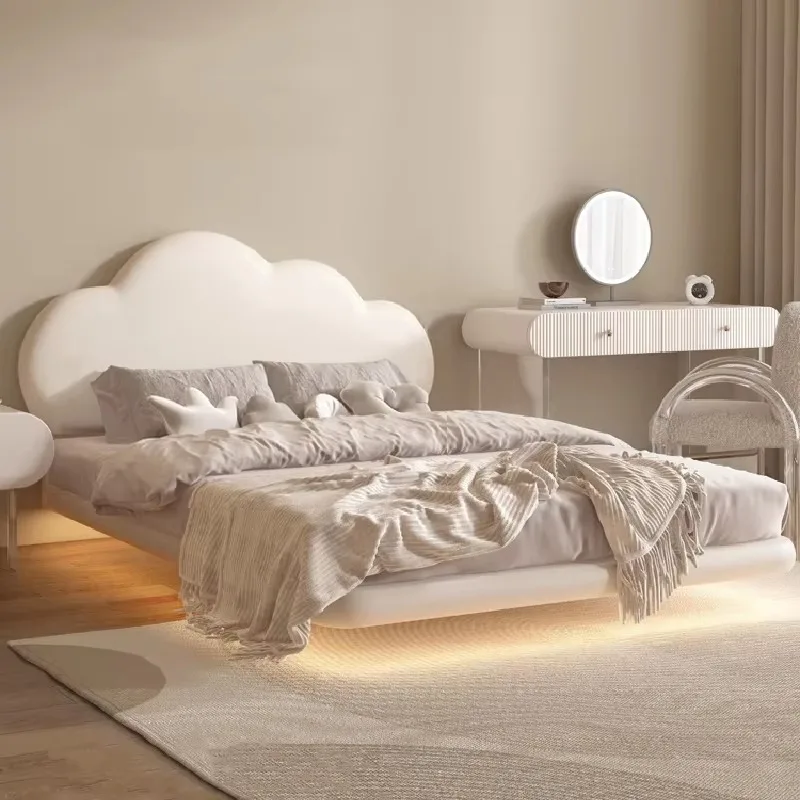 Girls Cloud Floating Kids Bed, Wooden Storage Bed with Pink Cotton Cushion, Bunny Ear Princess Style Cream Bedroom Furniture