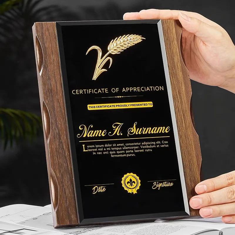 Personalized Wooden Crystal Medal Certificate Free LOGO Text Custom Engraving Wood Trophy Movie Record Awards Souvenir