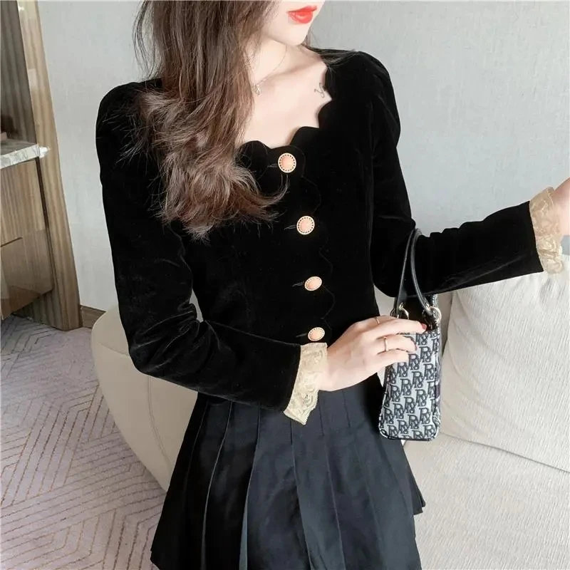 Vintage Korean Sexy Cropped Coat Women Fall Slim Black Velvet Thick Jacket Casual Office Lady Lace Long Sleeve O Neck Outwear