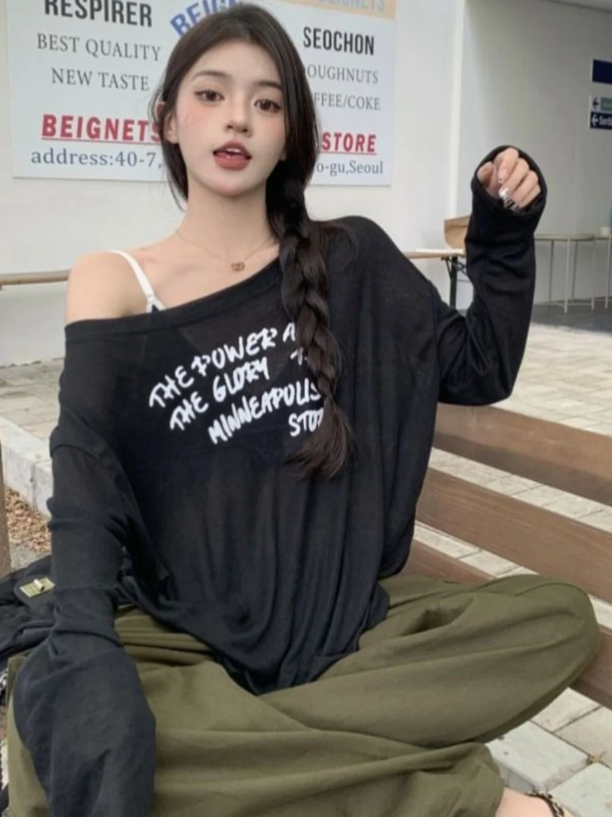 Ladies' Loose Fit Sun Protection T-Shirt Letter Print Semi-Transparent Slimming Shoulder Bared Small Top Korean Style Spring ...