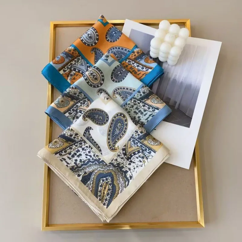 Square Scarf Paisley Colorblock Faux Silk 70cm Women Neck Head Hair Shirt Bag Decoration Premium Retro Soft Travel