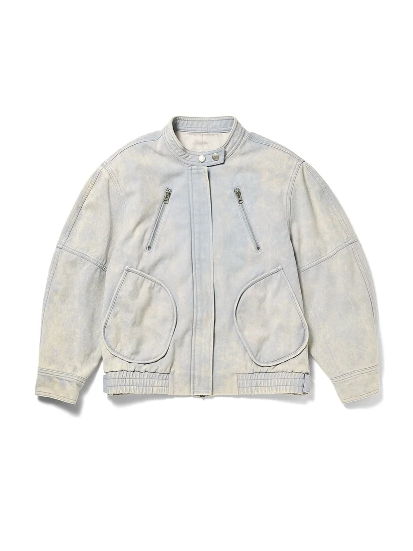 Waed Denim Biker SLE Jaet Casual Openyy Frühling 2024, Baumwoll-Polyester-Mischung, langer Sve-Reißverschluss, gerader Mantel