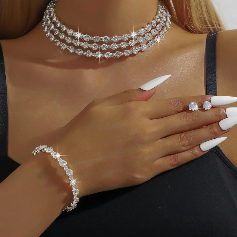 

Bridal Jewelry Set Necklace Earrings Bracelet Wedding Three-Piece Set Evening Dress Fashion Women's Accessories European and Ame
