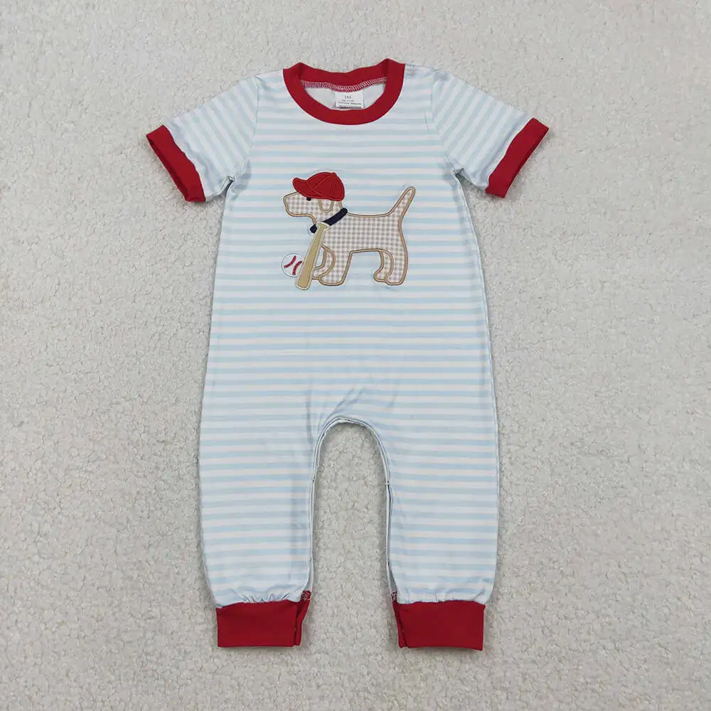

Baby Boys Embroidery Dog Baseballs Stripe Team Footie Rompers Comfortable Cotton Outfit for Infants