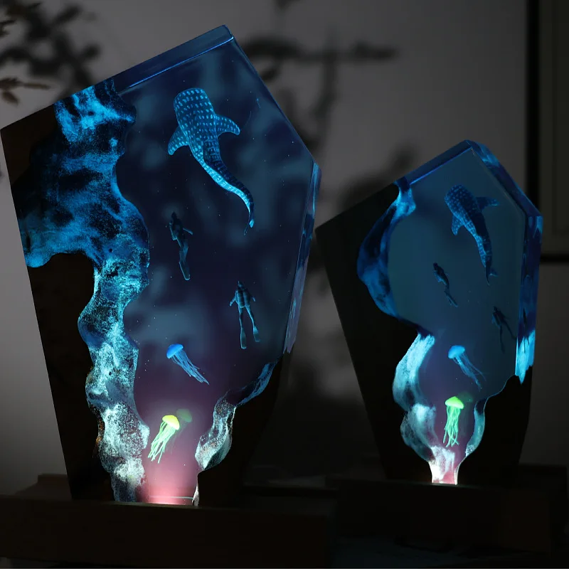 Resin Lamp Cave Whale Diver Marine Art Craft Home Table Bedroom Decoration Jelly Ornament Unique Gift