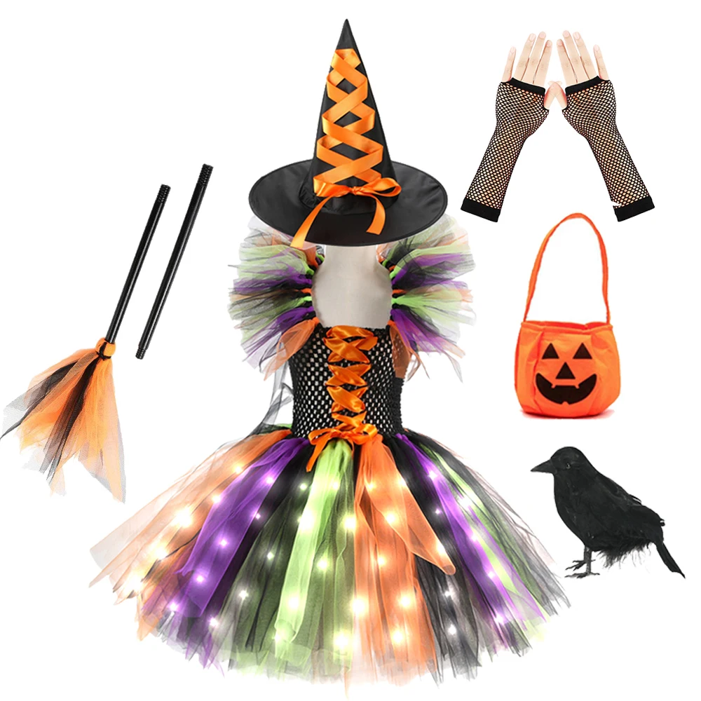 Halloween Cosplay Witch LED Luminous Costume for Baby Girl Children Carnival Party Gown Kids Witch Lights Up Dress Clothing Set