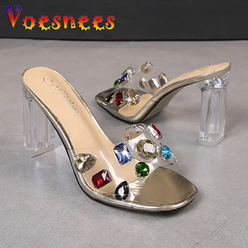 Summer Outside Fashion Color Diamonds Women Slippers Summer Sexy Transparent PVC Sandals  9CM Crystal Square Toe High Heel Heels