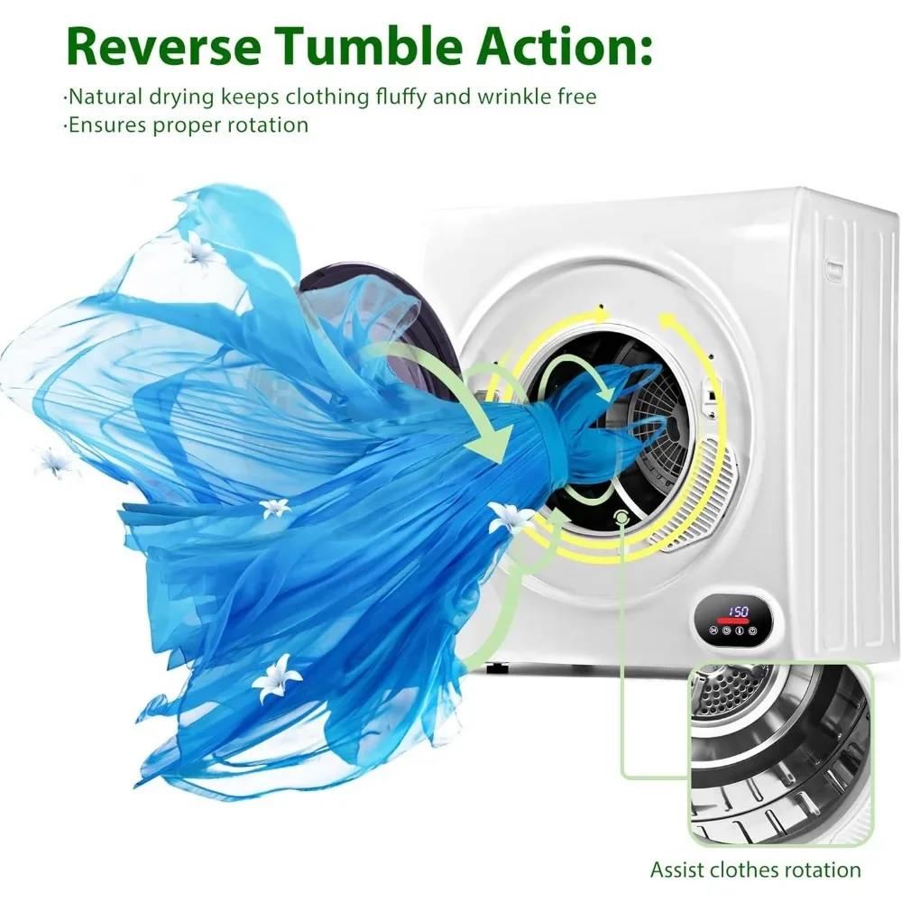 Compact Laundry Dryer, 2.65 cu ft Front Load Stainless Steel Clothes Dryers with Exhaust Pipe, 1400W, LCD Panel Four-Function